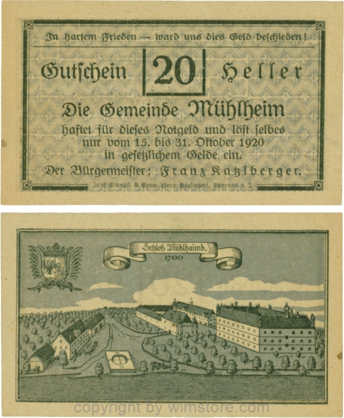 Mühlheim, G0631a, 20 Heller, Variante 20, In hartem Frieden, Dfa. kurrent, der Einser von 15 mit Fußstrich; 1-