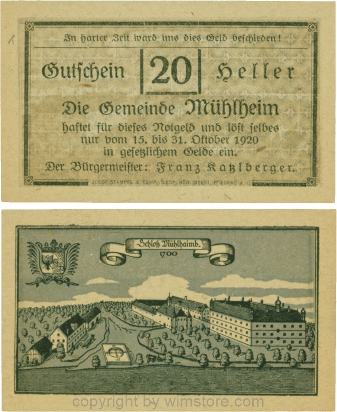 Mühlheim, G0631b, 20 Heller, Variante 45, In harter Zeit, Dfa. latein, der Einser von 15 ohne Fußstrich; 1