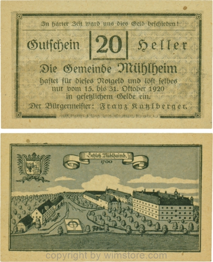 Mühlheim, G0631b, 20 Heller, Variante 45, In harter Zeit, Dfa. latein, der Einser von 15 ohne Fußstrich; 1-