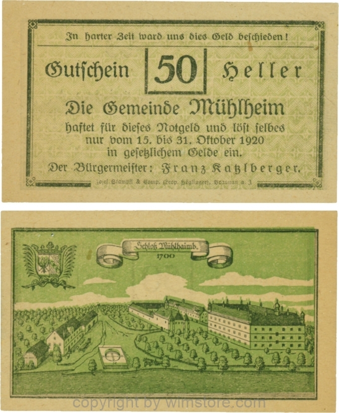 Mühlheim, G0631b, 50 Heller, Variante 32, In harter Zeit, Dfa. kurrent, der Einser von 15 mit Fußstrich; 1-