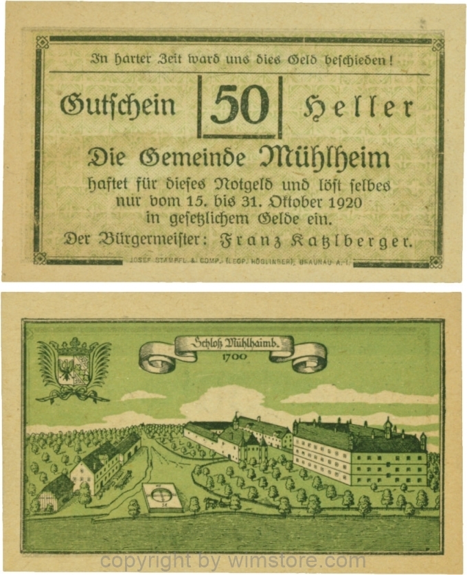 Mühlheim, G0631b, 50 Heller, Variante 38, In harter Zeit, Dfa. latein, der Einser von 15 mit Fußstrich; 1