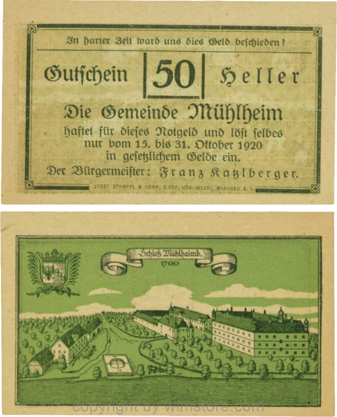 Mühlheim, G0631b, 50 Heller, Variante 38, In harter Zeit, Dfa. latein, der Einser von 15 mit Fußstrich; 1-