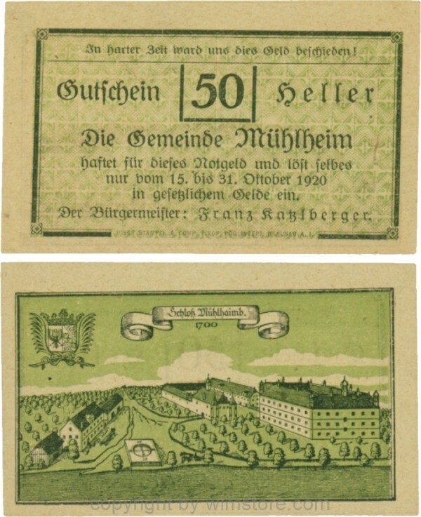 Mühlheim, G0631b, 50 Heller, Variante 46, In harter Zeit, Dfa. latein, der Einser von 15 ohne Fußstrich; 1