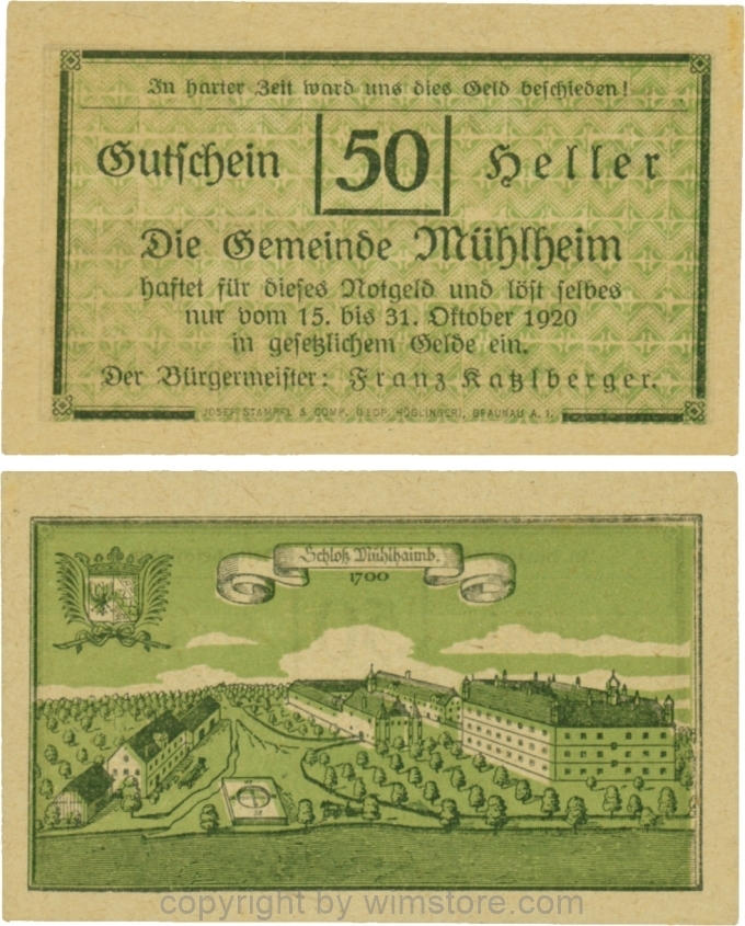 Mühlheim, G0631b, 50 Heller, Variante 46, In harter Zeit, Dfa. latein, der Einser von 15 ohne Fußstrich; 1-