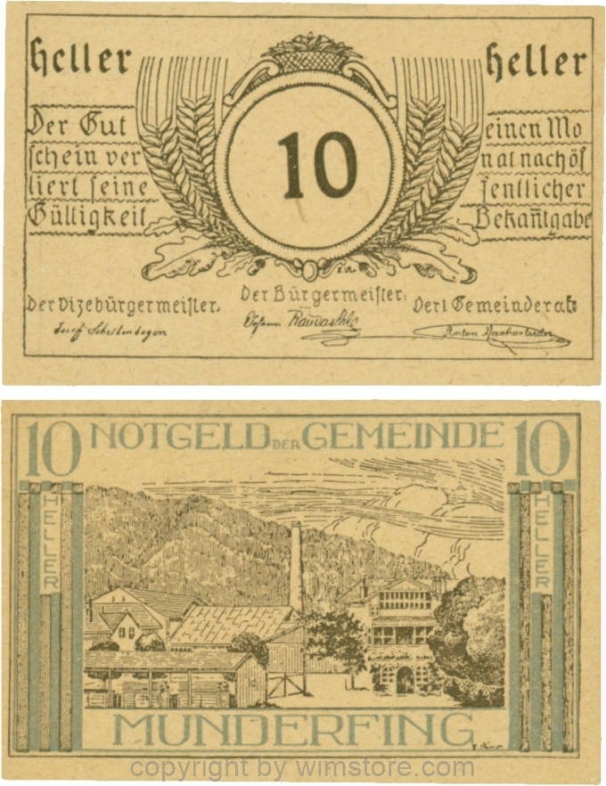 Munderfing, G0633a, 10 Heller, dünne Wertzahl, gelbbraunes dünkleres Papier; 1