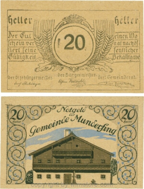 Munderfing, G0633a, 20 Heller, dünne Wertzahl, gelbbraunes dünkleres Papier; 1