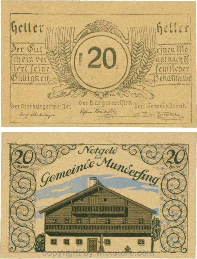 Munderfing, G0633a, 20 Heller, dünne Wertzahl, gelbbraunes dünkleres Papier; 1