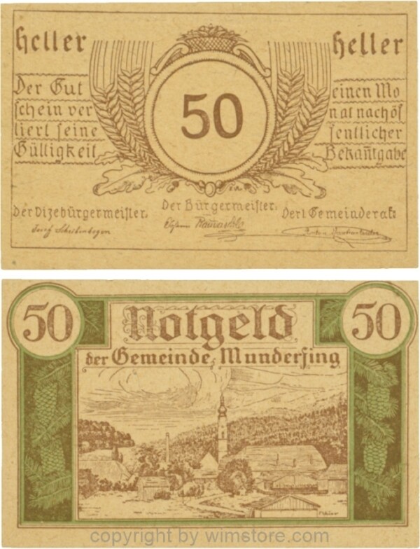 Munderfing, G0633a, 50 Heller, dünne Wertzahl, gelbbraunes dünkleres Papier; 1