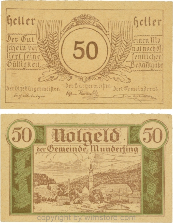 Munderfing, G0633a, 50 Heller, dünne Wertzahl, gelbbraunes dünkleres Papier; 1-