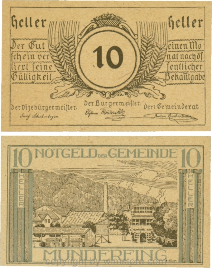Munderfing, G0633c, 10 Heller, dicke Wertzahl, gelbbraunes dünkleres Papier; 1