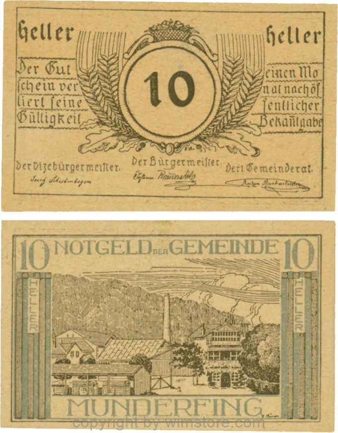 Munderfing, G0633c, 10 Heller, dicke Wertzahl, gelbbraunes dünkleres Papier; 1-