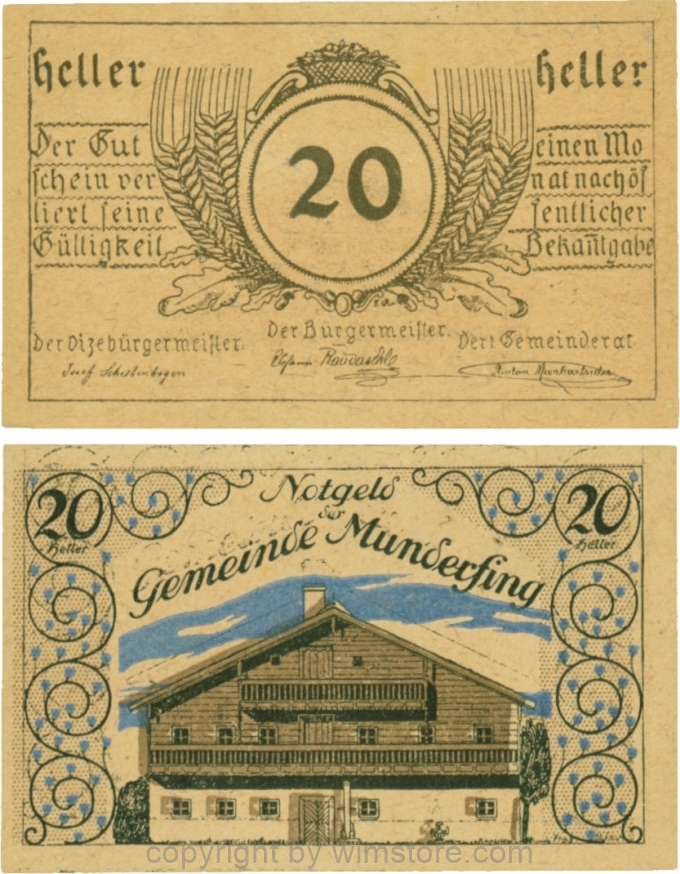 Munderfing, G0633c, 20 Heller, dicke Wertzahl, gelbbraunes dünkleres Papier; 1