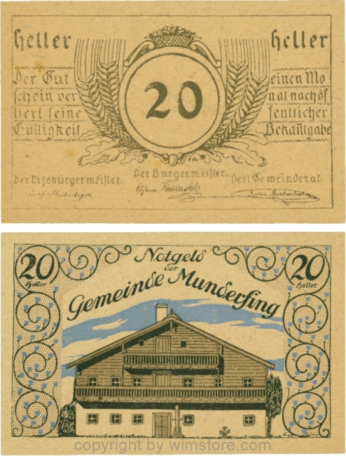 Munderfing, G0633c, 20 Heller, dicke Wertzahl, gelbbraunes dünkleres Papier; 1-
