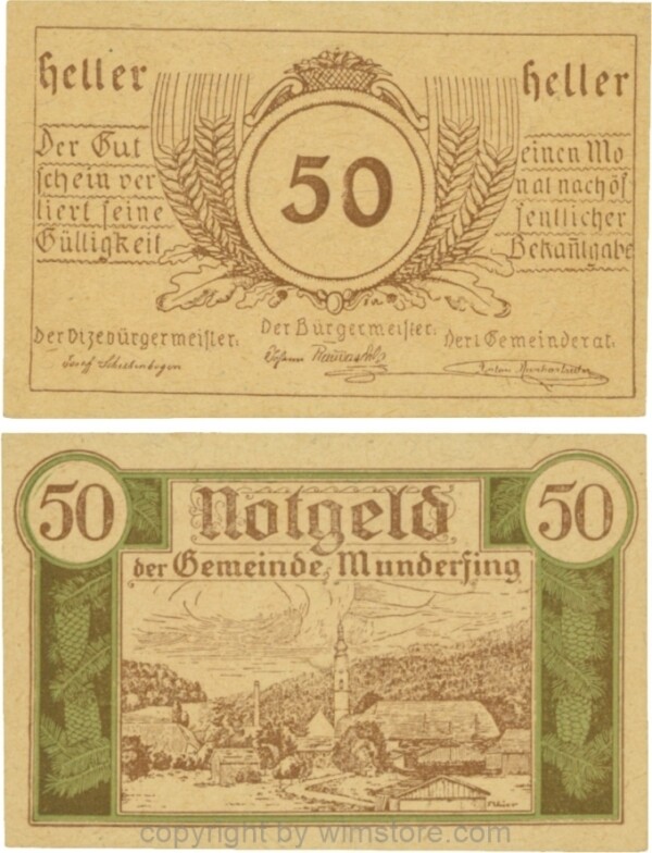 Munderfing, G0633c, 50 Heller, dicke Wertzahl, gelbbraunes dünkleres Papier; 1