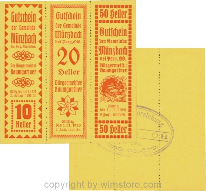 Münzbach, S0636IIa, Serie 10, 20 und 50 Heller, rot, Auflage 1000 Stück; 1
