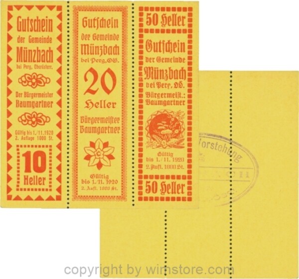 Münzbach, S0636IIa, Serie 10, 20 und 50 Heller, rot, Auflage 1000 Stück; 1-