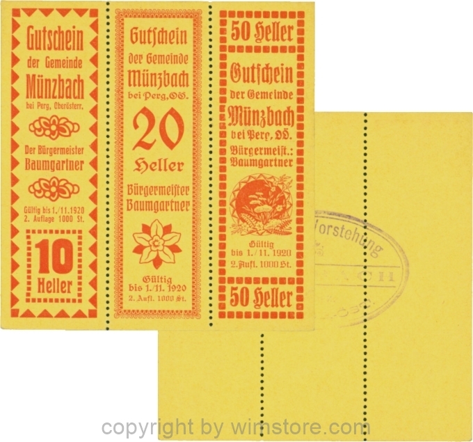 Münzbach, S0636IIa, Serie 10, 20 und 50 Heller, rot, Auflage 1000 Stück; 1-