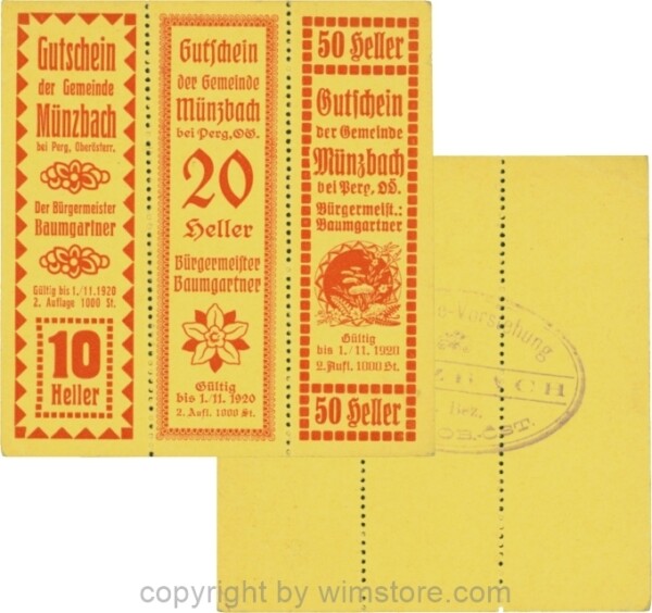 Münzbach, S0636IIa, Serie 10, 20 und 50 Heller, rot, Auflage 1000 Stück; 2