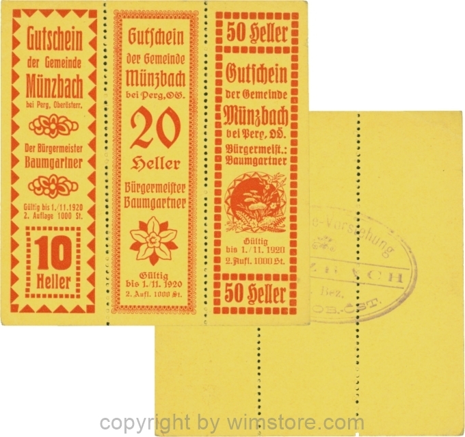 Münzbach, S0636IIa, Serie 10, 20 und 50 Heller, rot, Auflage 1000 Stück; 2