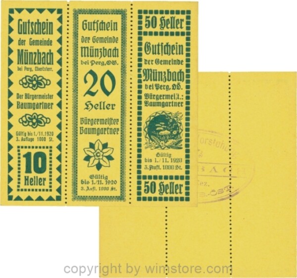 Münzbach, S0636IIb, Serie 10, 20 und 50 Heller, blau, Auflage 1000 Stück; 1