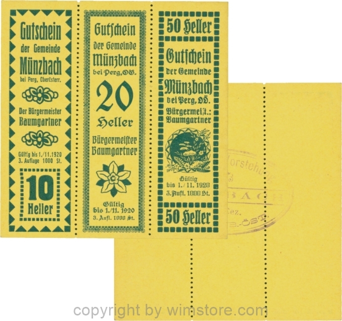 Münzbach, S0636IIb, Serie 10, 20 und 50 Heller, blau, Auflage 1000 Stück; 1