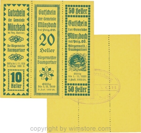 Münzbach, S0636IIb, Serie 10, 20 und 50 Heller, blau, Auflage 1000 Stück; 1-