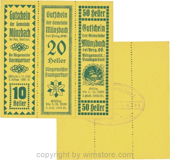 Münzbach, S0636IIb, Serie 10, 20 und 50 Heller, blau, Auflage 1000 Stück; 1-
