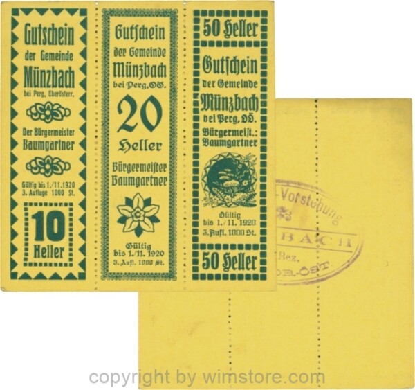 Münzbach, S0636IIb, Serie 10, 20 und 50 Heller, blau, Auflage 1000 Stück; 2