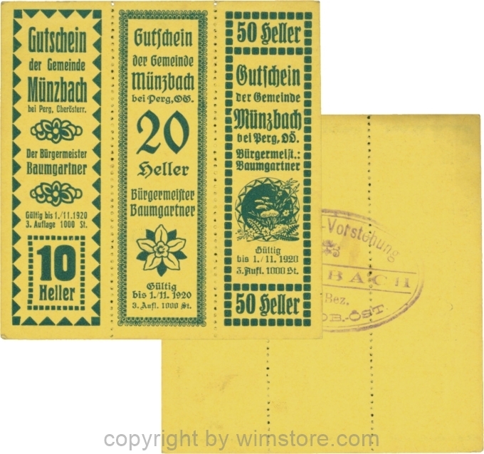 Münzbach, S0636IIb, Serie 10, 20 und 50 Heller, blau, Auflage 1000 Stück; 2
