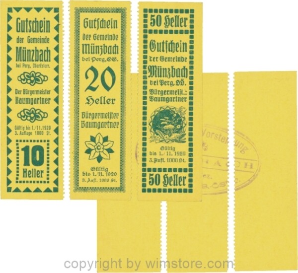 Münzbach, S0636IIb, Serie 10, 20 und 50 Heller, blau, getrennt, Auflage 1000 Stück; 1