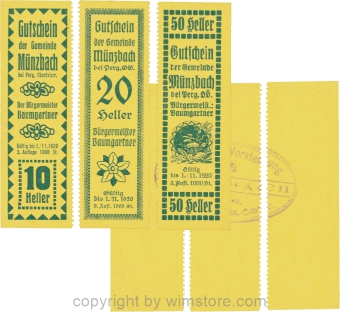Münzbach, S0636IIb, Serie 10, 20 und 50 Heller, blau, getrennt, Auflage 1000 Stück; 1