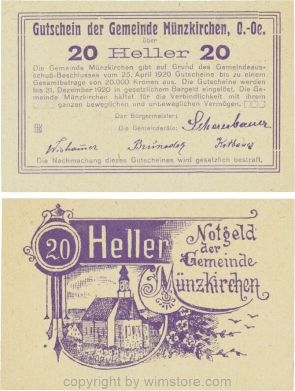 Münzkirchen, G0637c1, 20 Heller, gelbliches Papier; 1