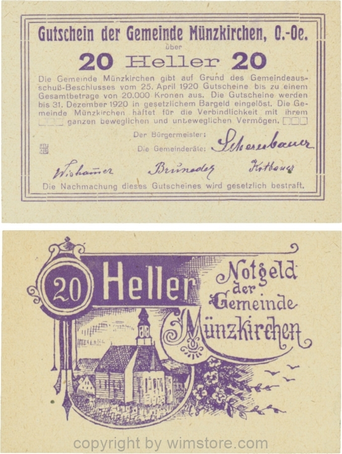 Münzkirchen, G0637c1, 20 Heller, gelbliches Papier; 1