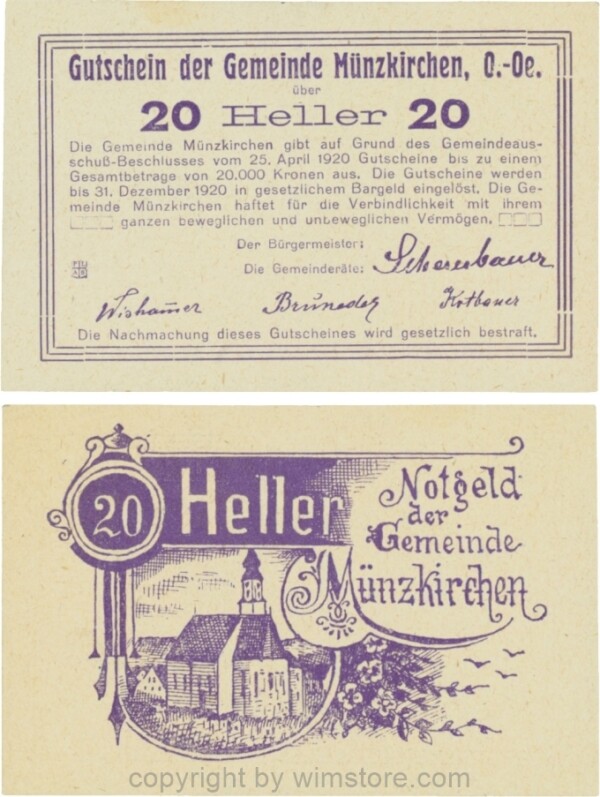 Münzkirchen, G0637c1, 20 Heller, gelbliches Papier; 1-