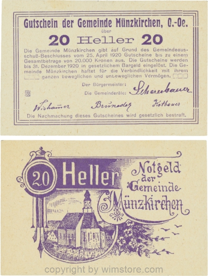 Münzkirchen, G0637c1, 20 Heller, gelbliches Papier; 1-