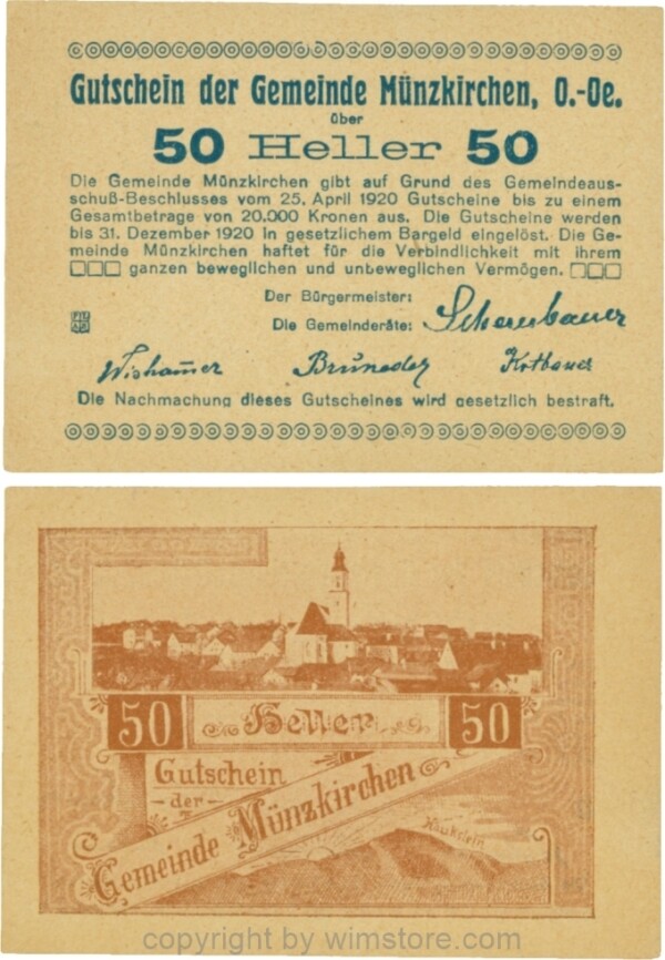 Münzkirchen, G0637e2, 50 Heller, braunes Bild, gelbliches Papier; 1