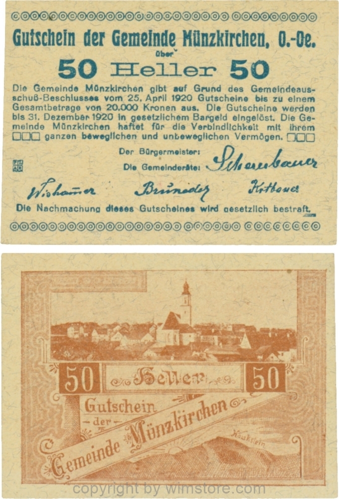 Münzkirchen, G0637e2, 50 Heller, braunes Bild, gelbliches Papier; 1-