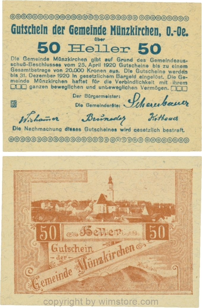 Münzkirchen, G0637e3, 50 Heller, braunes Bild, gelbliches gefasertes Papier; 1