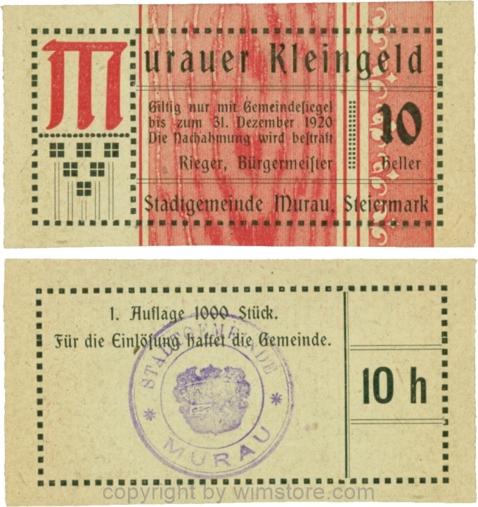 Murau, S0638Ia, 10 Heller, 1. Auflage (1000 Stück), Papier jedoch nicht grünlich sondern weiss; 1-
