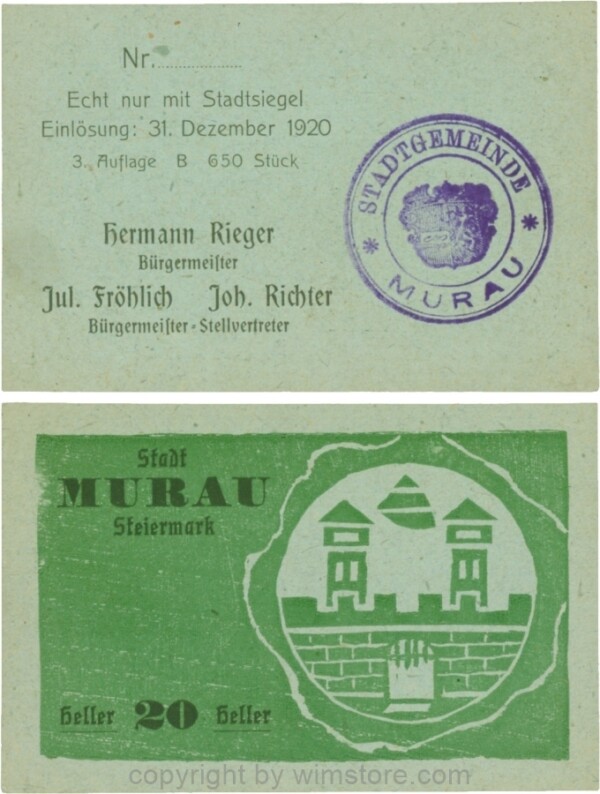 Murau, S0638IIIa, 20 Heller, 3 Auflage (650 Stück), Ausgabe B; 1-