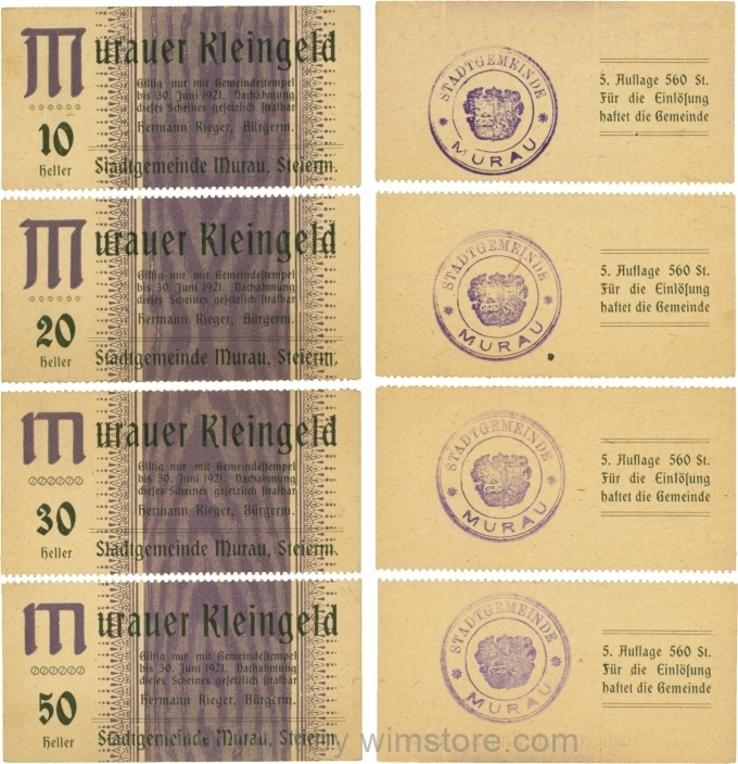 Murau, S0638V, Serie 10, 20, 30 und 50 Heller, 5 Auflage (560 Stück), getrennt; 1