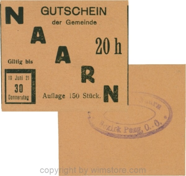 Naarn, S0642IVb, 20 Heller, Papier braun, Druck schwarz, Auflage 150 Stück, einzeln; 1