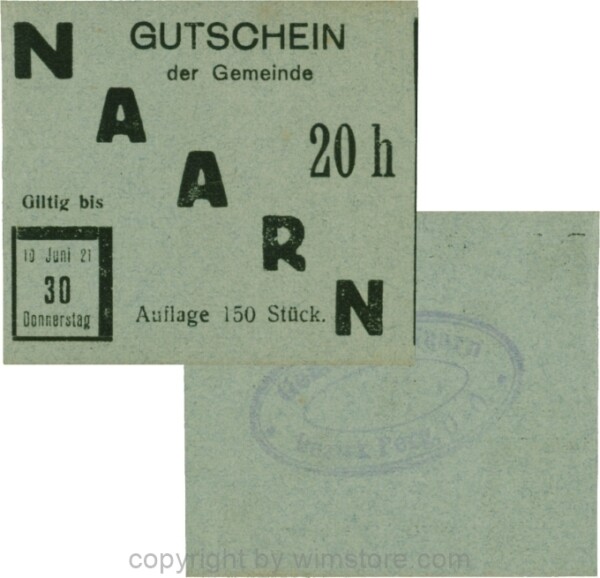 Naarn, S0642IVd, 20 Heller, Papier grüngrau, Druck schwarz, Auflage 150 Stück; 1-