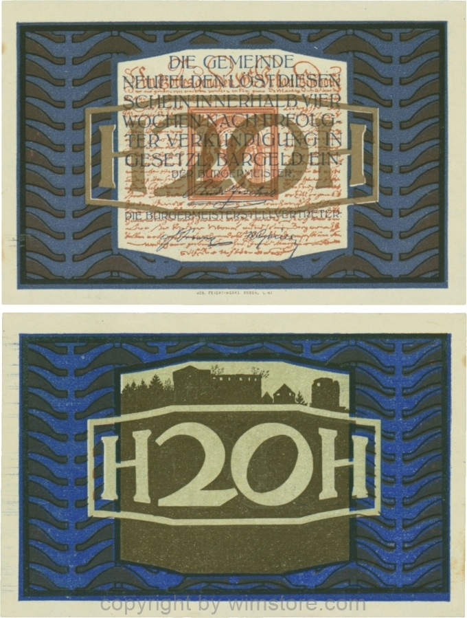 Neufelden, G0644Ia, 20 Heller, Papier weiß, Vs. Druck graublau; 2