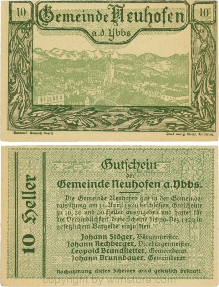 sn109793 Neuhofen a.d. Ybbs - Gemeinde, G0650a, 10 Heller, Papier dicht; 1-