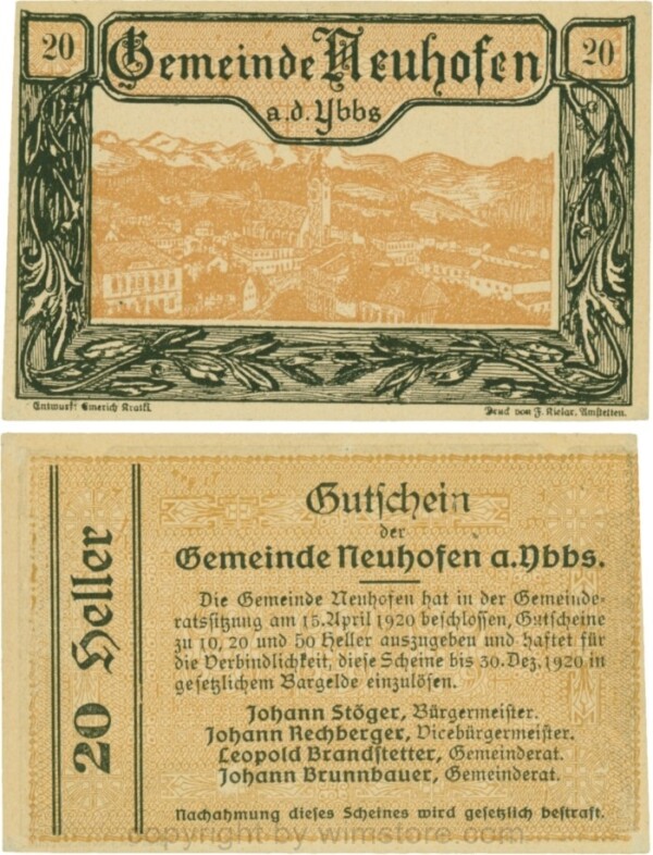 Neuhofen a.d. Ybbs - Gemeinde, G0650a, 20 Heller, Papier dicht; 1-
