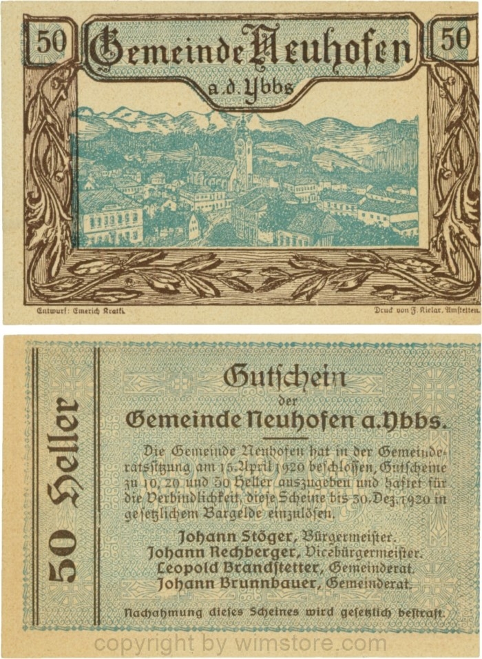sn109795 Neuhofen a.d. Ybbs - Gemeinde, G0650a, 50 Heller, Papier dicht; 1