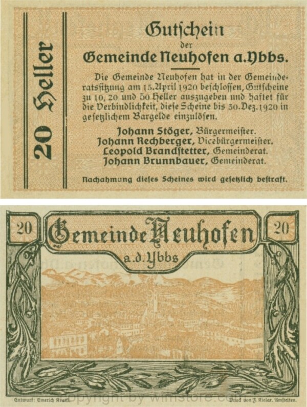 Neuhofen a.d. Ybbs - Gemeinde, G0650b, 20 Heller, Papier durchscheinend; 1