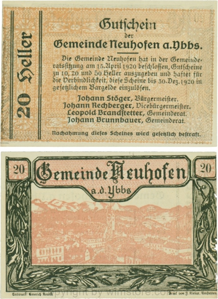 sn109802 Neuhofen a.d. Ybbs - Gemeinde, G0650b, 20 Heller, Papier durchscheinend; 1-