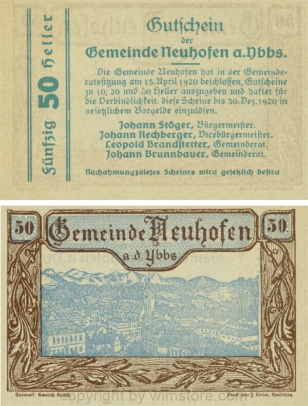 Neuhofen a.d. Ybbs - Gemeinde, G0650d, 50 Heller, Papier durchscheinend; 1